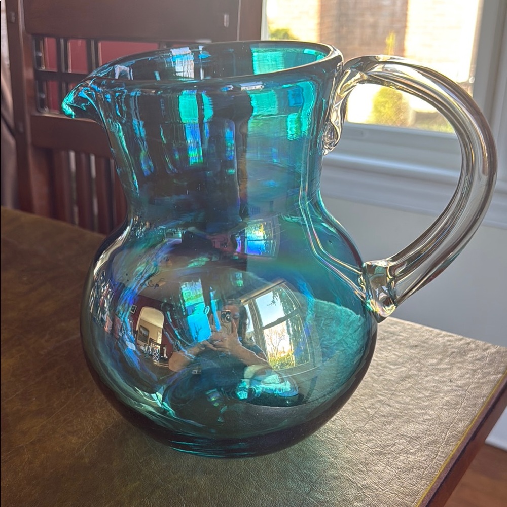 Iridescent Blue Glass Pitcher
